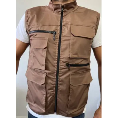 Kahverengi Gri Çok Cepli Tasarım Yelek