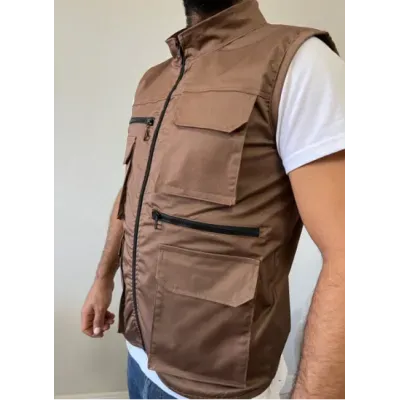Kahverengi Gri Çok Cepli Tasarım Yelek