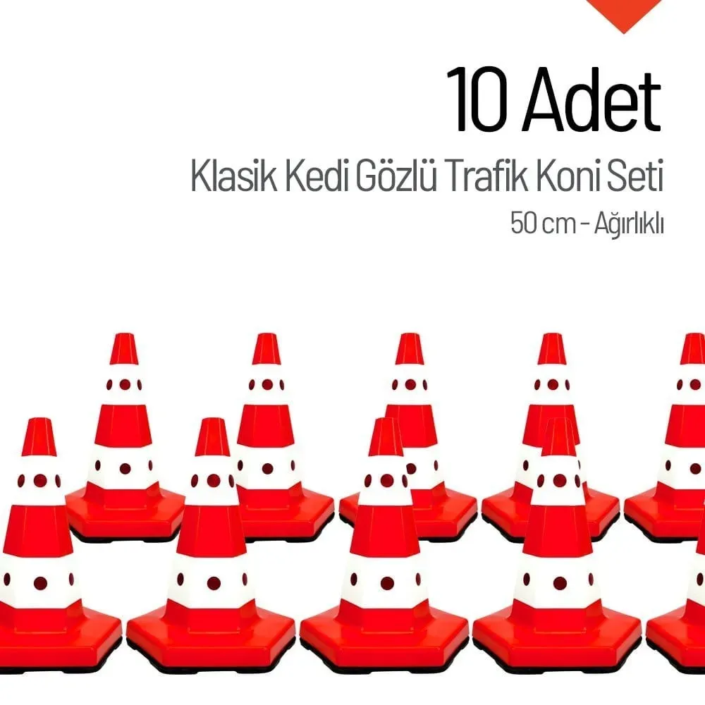 10 Adet Klasik Kedi Gözlü Trafik Konisi 50 cm Trafik Dubası