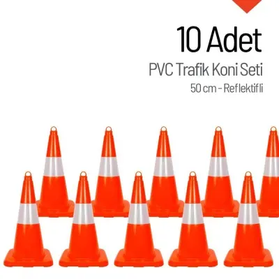 10 Adet PVC Trafik Konisi 50 cm Reflektifli Trafik Dubası - Kampanya Ürünü